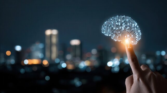 Fingertip Touches Glowing Digital Brain Circuitry Symbol Over Blurred Cityscape at Night Creating Future Technology and Artificial Intelligence Concept