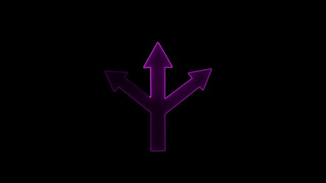 Glowing Purple Three- Way Arrow Symbol on Black Background direction choice