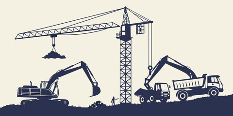 construction site with crane and heavy machinery Vector ©  MST RABEYA  BEGUM