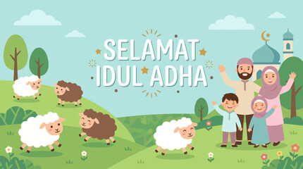 Fototapeta premium Joyful Muslim Family and Sheep Celebrate Blessed Eid al-Adha Holiday