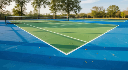 Fototapeta premium Green and blue tennis court with white lines viewed at ground level on a sunny day in a cartoon style illustration