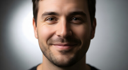 Obraz premium Close up portrait of happy smiling man with stubble beard looking at camera with friendly expression against neutral grey studio background representing joy and positive masculinity for marketing use.