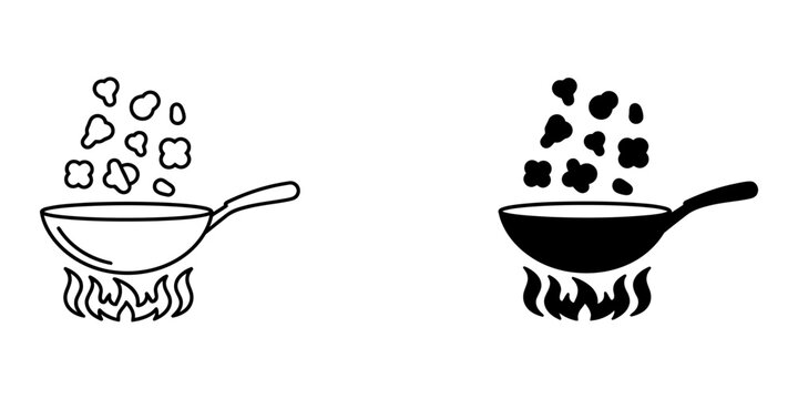 Cooking pan with popcorn on fire vector illustration outline and black silhouette icons set isolated on white background symbol of kitchen culinary process fast food preparation snacks equipment.