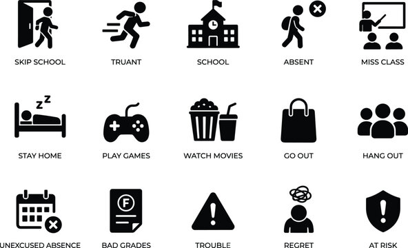 Minimal Skip School Icons Set - Solid Silhouette Truancy and Absence Vector 15 Icons Grid