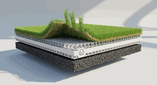 Layered artificial turf system with synthetic grass white drainage grid and black rubber granules for landscaping in cartoon style