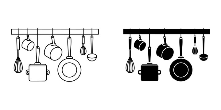 Kitchen utensils hanging on rack vector illustration outline and silhouette icon set isolated on white background symbol of organized kitchen storage tools and professional culinary equipment.