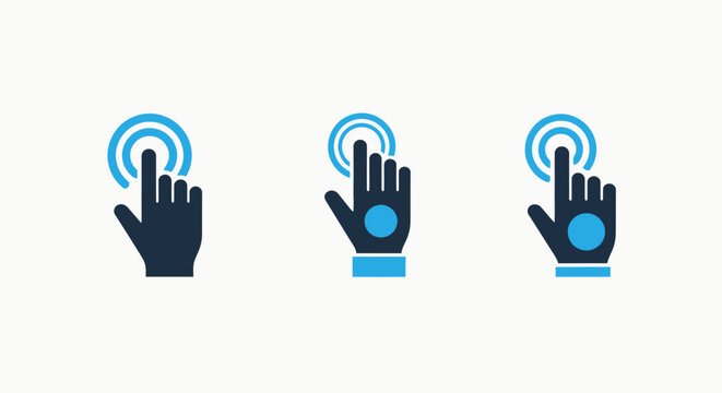 Interactive touch screen hand gesture icons showing tap and click actions on a digital interface with interface interaction technology concentric computer smartphone connection communication
