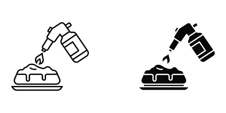 Culinary torch for caramelizing desserts icon set with outline and silhouette styles for pastry chef tools and gourmet cooking equipment graphic design elements isolated on white background space.