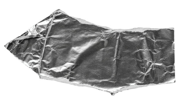 Wrinkled sheet of shiny silver aluminum foil isolated on white background, crumpled texture catching light and shadow, suggesting packaging, wrapping or kitchen use

