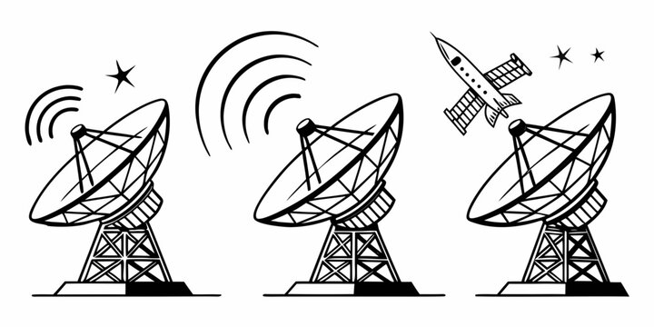 three satellite dishes transmitting and receiving signals Vector