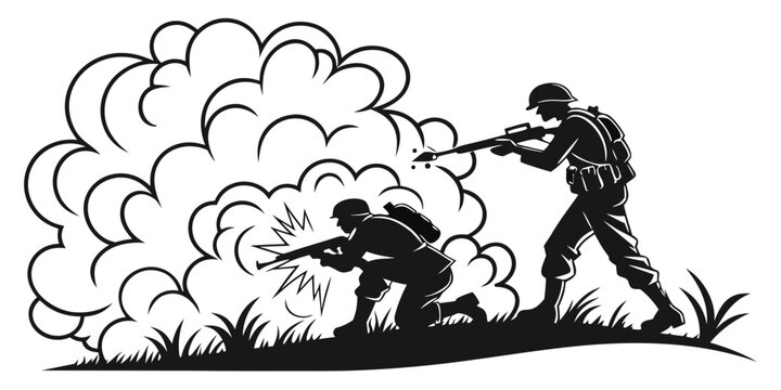 two soldiers in combat with smoke and guns Vector