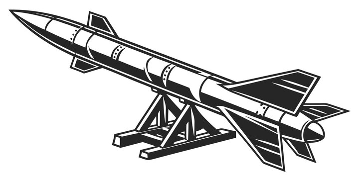 a black and white drawing of a missile on a launch pad Vector