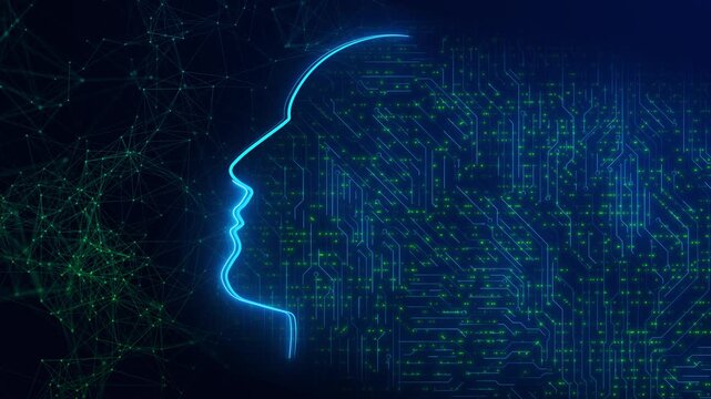 Neural network learning Face Detection. Augmented Reality Hologram. Face Id Cyber Security future human, artificial intelligence, machine learning, data streaming cyber technology, cybernetic brain.