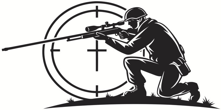 a man kneels and aims a rifle at a target Vector