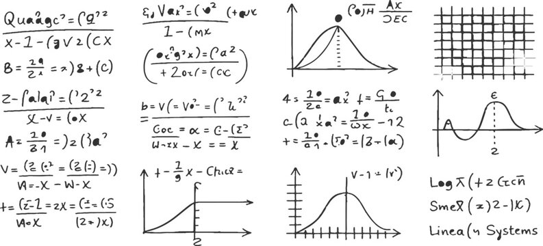 Hand drawn complex mathematical equations formulas and scientific graphs on white background education study vector illustration.