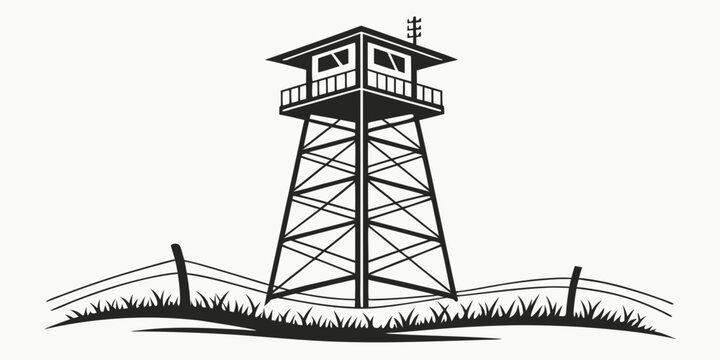 a tall metal watchtower with a small building on top Vector