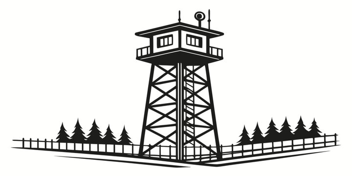 a tall watchtower with a fence and trees Vector