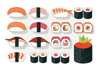 A colorful illustration of various sushi pieces © Juli