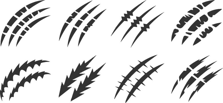 Claw scratch marks and ripped paper tears collection isolated on white background horror vector illustration.