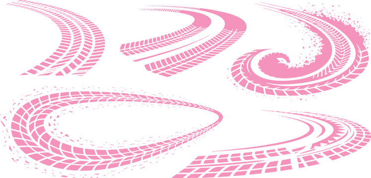 Pink tire tracks with curved paths and grunge splatters isolated on white background racing vector illustration.
