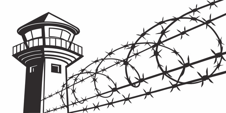 a watchtower with barbed wire fence Vector