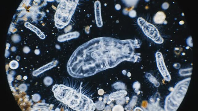 Microscopic view of various small transparent organisms and particles on a black background
