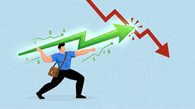 Empowered professional merchant throwing a vibrant green rising arrow spear as a symbol of rapid business growth, financial improvement, and strategic market success in a corporate setting.