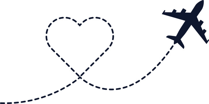 Minimal airplane flight path forming heart shape line icon representing travel love concept. Romantic journey route symbol for honeymoon trip design. Modern simple aviation illustration for branding 