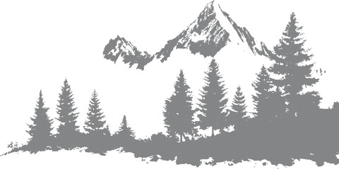 Black and white nature landscape silhouette with pine forest misty mountains and fog scene vector illustration. © Design House