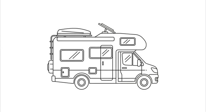 RV Camper Van Outline Drawing - Camping Vehicle with Solar Panels