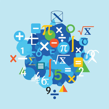 A colorful heart-shaped arrangement of various mathematical symbols