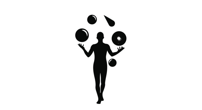 Silhouette of a person juggling multiple objects with skill and balance against a white background.