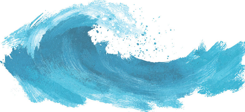 Abstract blue watercolor sea wave brush stroke with surf splashes and artistic ocean water paint vector illustration.