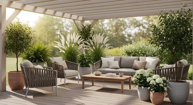 Cozy Outdoor Living Space with Pergola, Sofa, Chairs, and Plants