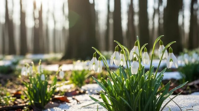 Snowdrop Flowers In Sunlit Forest Blooming In Early Spring With Melting Snow In The Background Nature Image For Seasonal Greetings