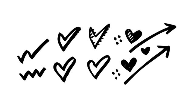 a collection of hand drawn hearts and checkmarks Vector