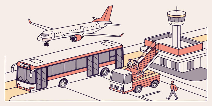 a bus and truck at an airport terminal with a plane Vector