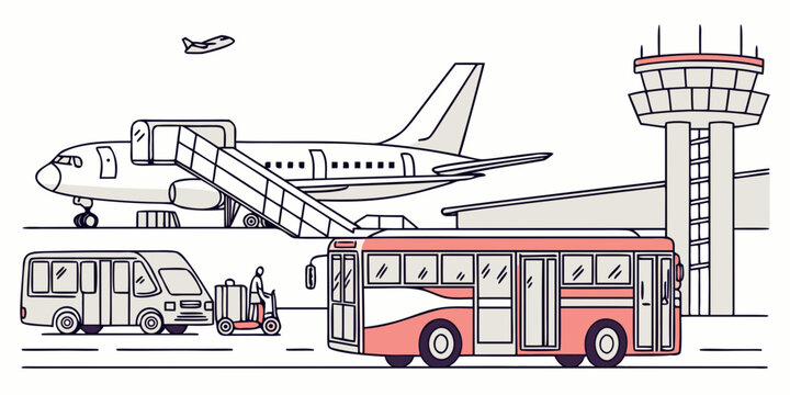a red bus and vehicles at an airport terminal Vector