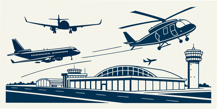 Airport scene with airplanes and helicopter Vector