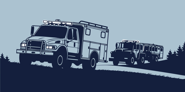 two fire trucks driving down a road Vector