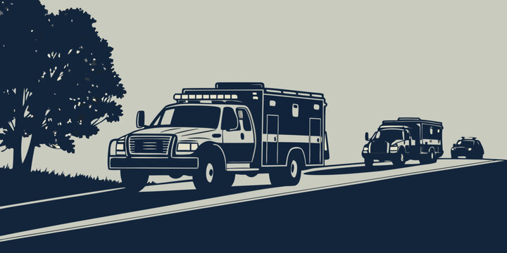 a convoy of vehicles driving down a road Vector