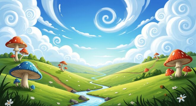 rolling emerald hills where oversized, colorfTL mushrooms grow. A peacefTL valley with a sparkling stream and a clear, bright sky filled with swirling, artistic clouds.