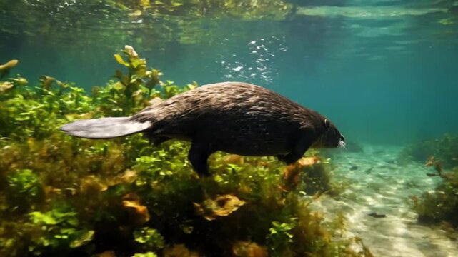 Nile monitor swims underwater vegetation.