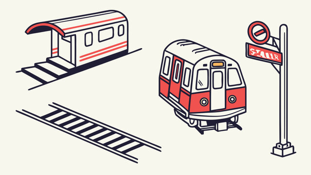 a red and gray train with a railroad track and a stop sign Vector