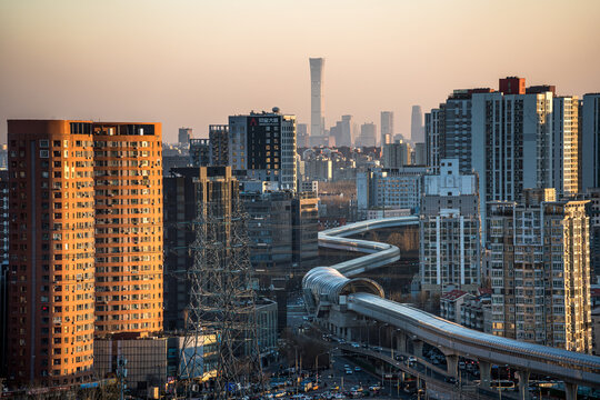 Beijing city skyline and urban rail transit photography at sunset