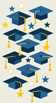 Graduation caps and stars in blue and yellow