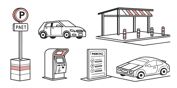 a set of illustrations showing different aspects of parking and fueling Vector