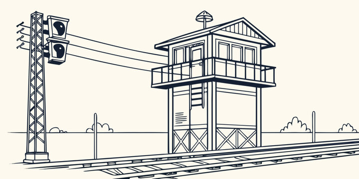 a small building with a balcony and a ladder on the side near train tracks Vector