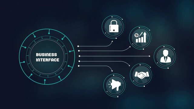 Modern business interface concept with digital network connection icons, corporate strategy development and financial growth analysis, secure data management with professional marketing partnership.
