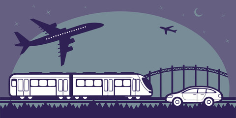 a train, car and planes in transportation scene at night Vector ©  MST RABEYA  BEGUM